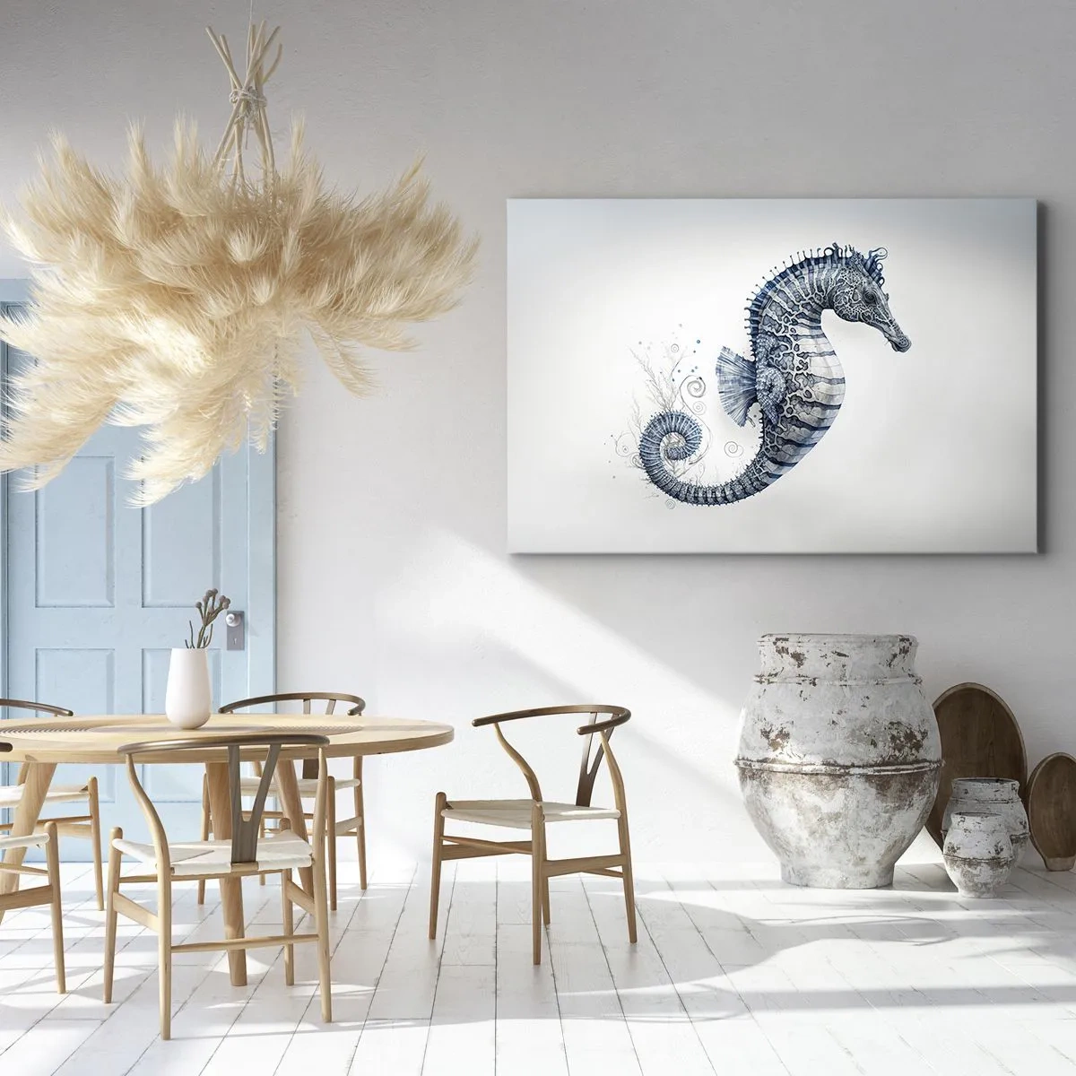 Tablou pe pânză Canvas - Căluț de mare în nuanțe de albastru cu detalii în acuarelă - 70x50cm - O glumă inocentă a naturii - Decorațiune modernă pentru perete pentru living și dormitor ARTTOR