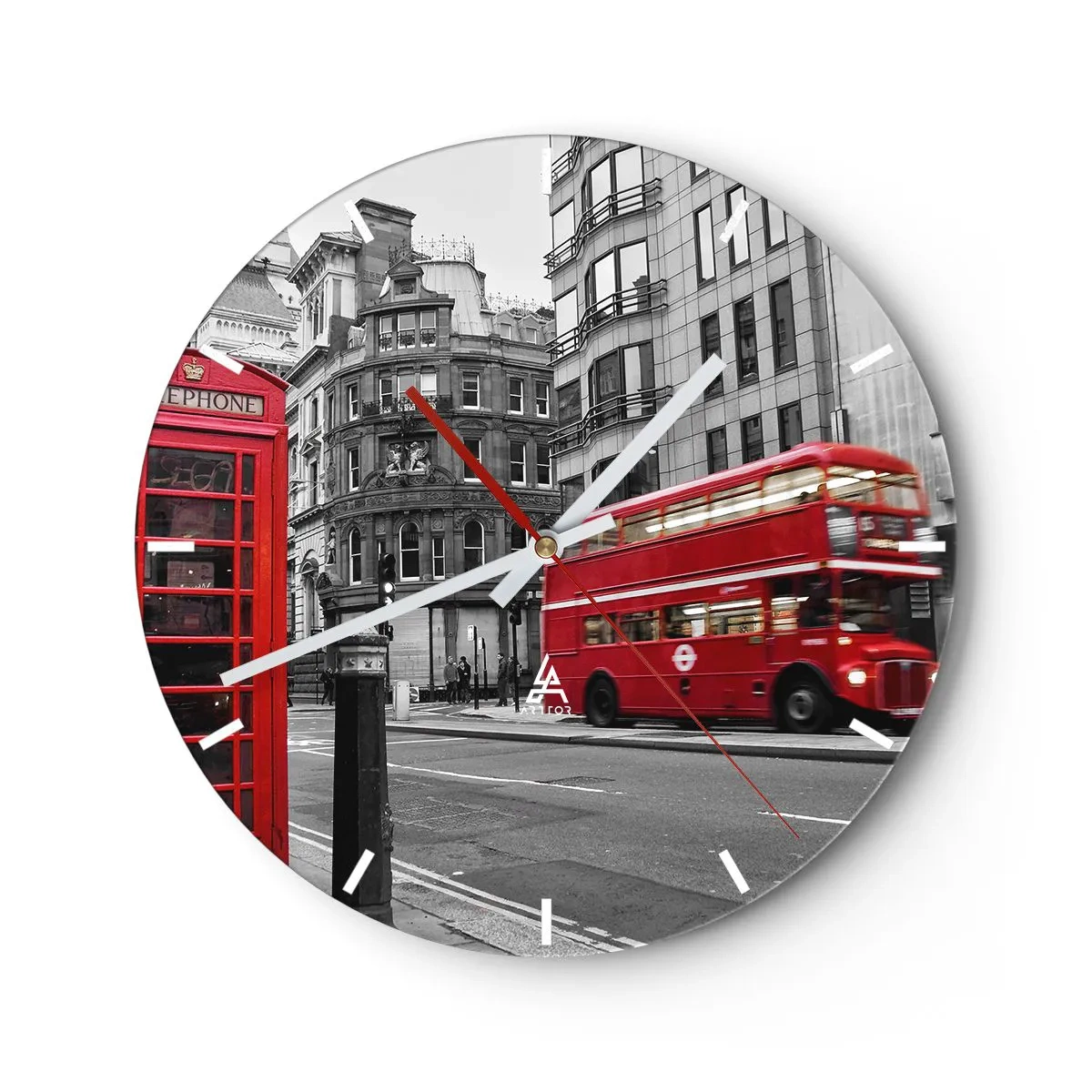 Ceas de perete - Ceas pe sticlă - Un autobuz roșu și o cabină telefonică pe fundalul străzilor londoneze. - 30x30cm - Cea mai roșie din Europa - Decorațiune modernă pentru perete pentru living, bucătărie și dormitor ARTTOR