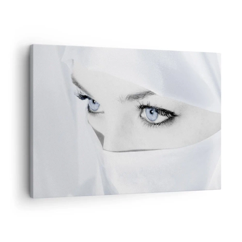 Tablou pe pânză Canvas - Portretul unei femei cu ochi albaștri ascunși în spatele unui voal alb - 70x50cm - Direct din o mie și una de nopți - Decorațiune modernă pentru perete pentru living și dormitor ARTTOR
