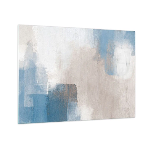 Tablou pe sticlă - Abstracție bej și albastră în culori pastelate - 70x50cm - Abstracție roz în spatele unui voal de albastru - Decorațiune modernă pentru perete pentru living și dormitor ARTTOR