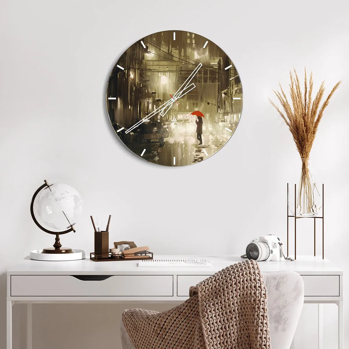 Ceas de perete - Ceas pe sticlă - O figură cu o umbrelă roșie pe o stradă udă - 30x30cm - Singură, dar nu singuratică - Decorațiune modernă pentru perete pentru living, bucătărie și dormitor ARTTOR