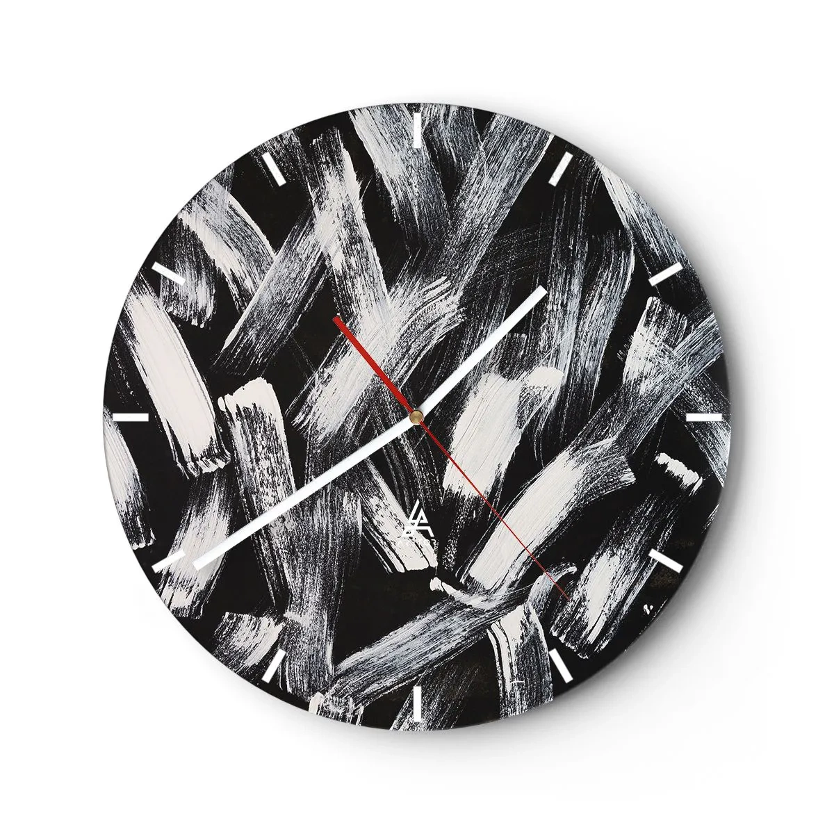 Ceas de perete - Ceas pe sticlă - Tușe albe de pensulă pe fundal negru în stil industrial - 30x30cm - Abstracție în spirit industrial - Decorațiune modernă pentru perete pentru living, bucătărie și dormitor ARTTOR