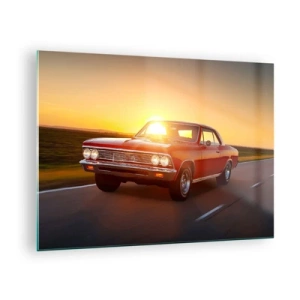 Tablou pe sticlă - Mașină clasică roșie pe fondul apusului de soare - 70x50cm - Tentația este roșie - Decorațiune modernă pentru perete pentru living și dormitor ARTTOR