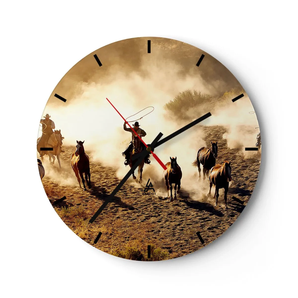 Ceas de perete - Ceas pe sticlă - Cowboy călare în acțiune pe un fundal prăfuit - 30x30cm - Un vest cu adevărat sălbatic - Decorațiune modernă pentru perete pentru living, bucătărie și dormitor ARTTOR