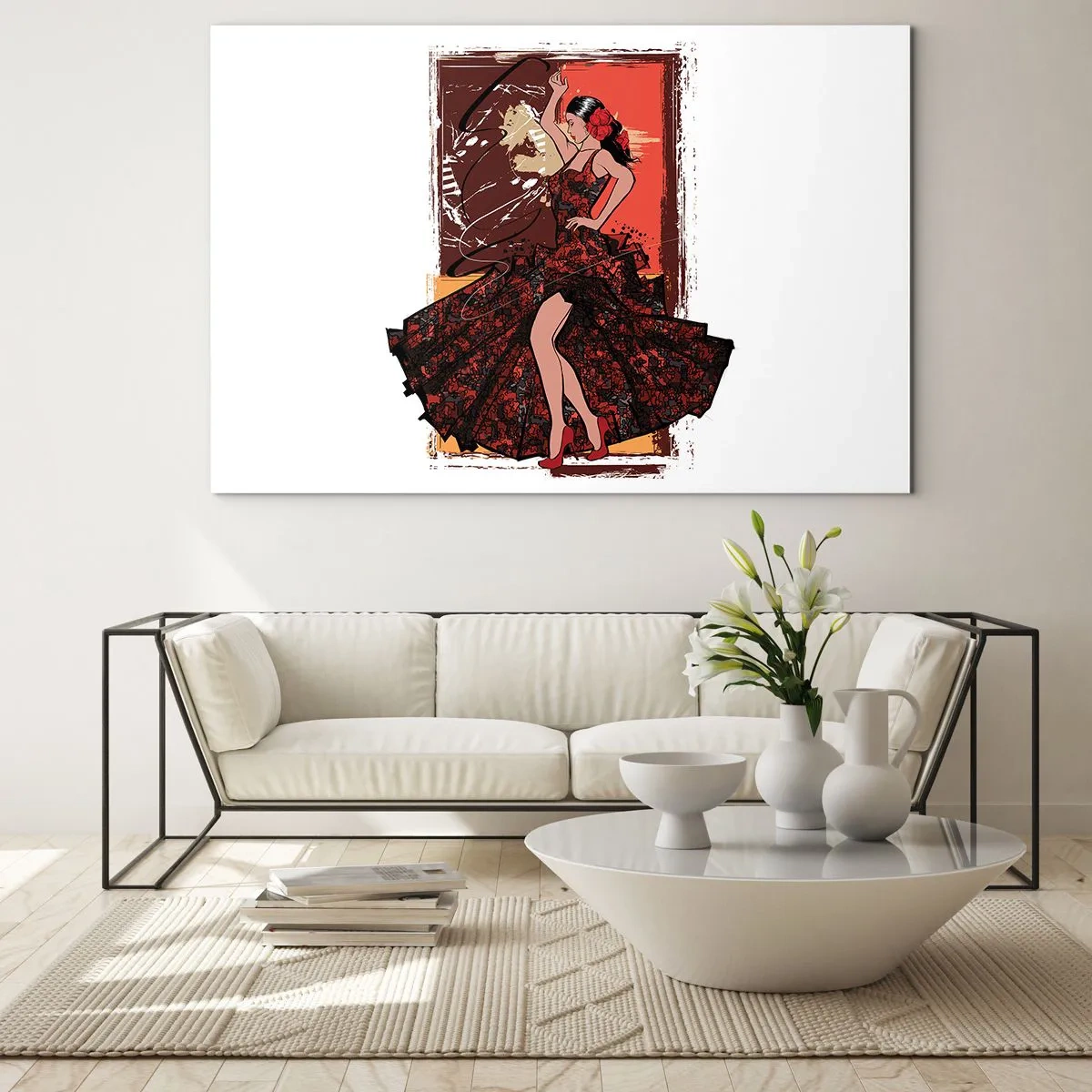 Tablou pe sticlă - Dansatoare de flamenco într-o rochie elegantă roșie și neagră - 70x50cm - În ritmul inimii - Decorațiune modernă pentru perete pentru living și dormitor ARTTOR