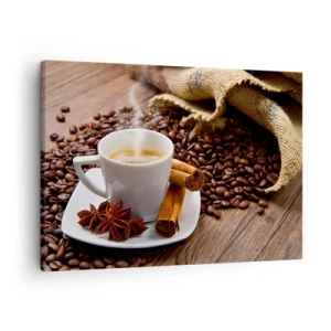 Tablou pe pânză Canvas - O ceașcă de cafea cu scorțișoară și anason pe un fundal de boabe de cafea - 70x50cm - Gust și aromă de mirodenii - Decorațiune modernă pentru perete pentru living și dormitor ARTTOR