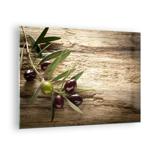 Tablou pe sticlă - ramură de măslin pe un fundal de lemn - 70x50cm - Direct din natură - Decorațiune modernă pentru perete pentru living și dormitor ARTTOR