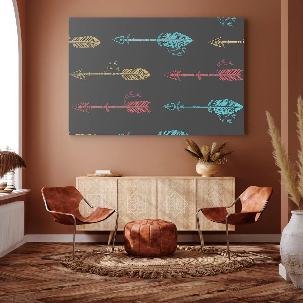 Tablou pe pânză Canvas - Model de săgeată stilizat în culori pastelate pe un fundal închis - 70x50cm - În ordine - Decorațiune modernă pentru perete pentru living și dormitor ARTTOR