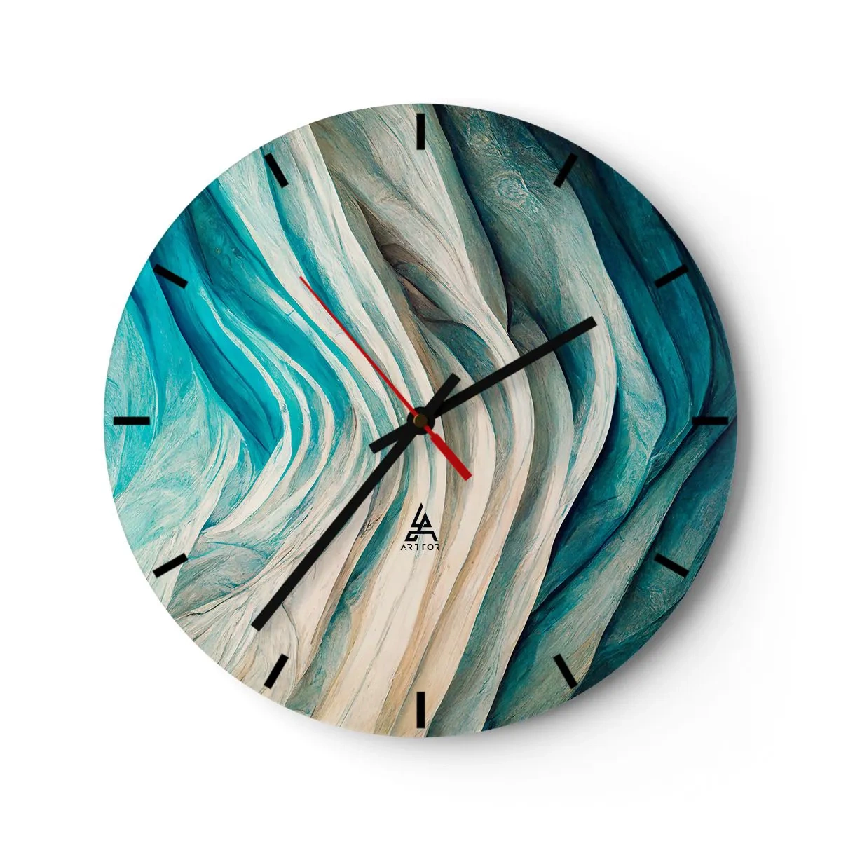 Ceas de perete - Ceas pe sticlă - Valuri organice în nuanțe de albastru, bej și turcoaz - 30x30cm - Insațiabilitate albastră - Decorațiune modernă pentru perete pentru living, bucătărie și dormitor ARTTOR