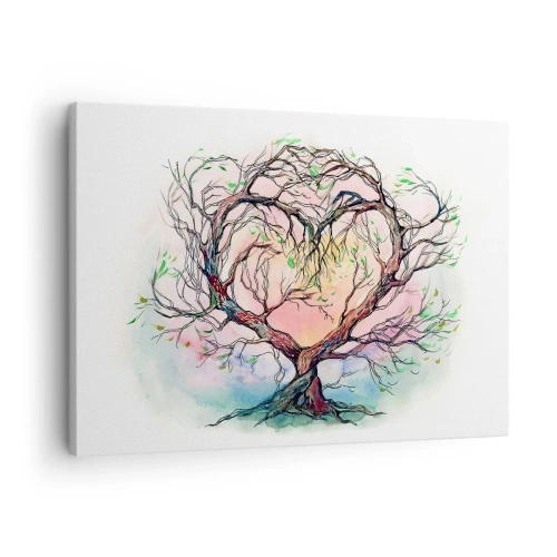 Tablou pe pânză Canvas - Un copac în formă de inimă pe un fundal de culori pastelate delicate - 70x50cm - Împreună împotriva vijeliei - Decorațiune modernă pentru perete pentru living și dormitor ARTTOR