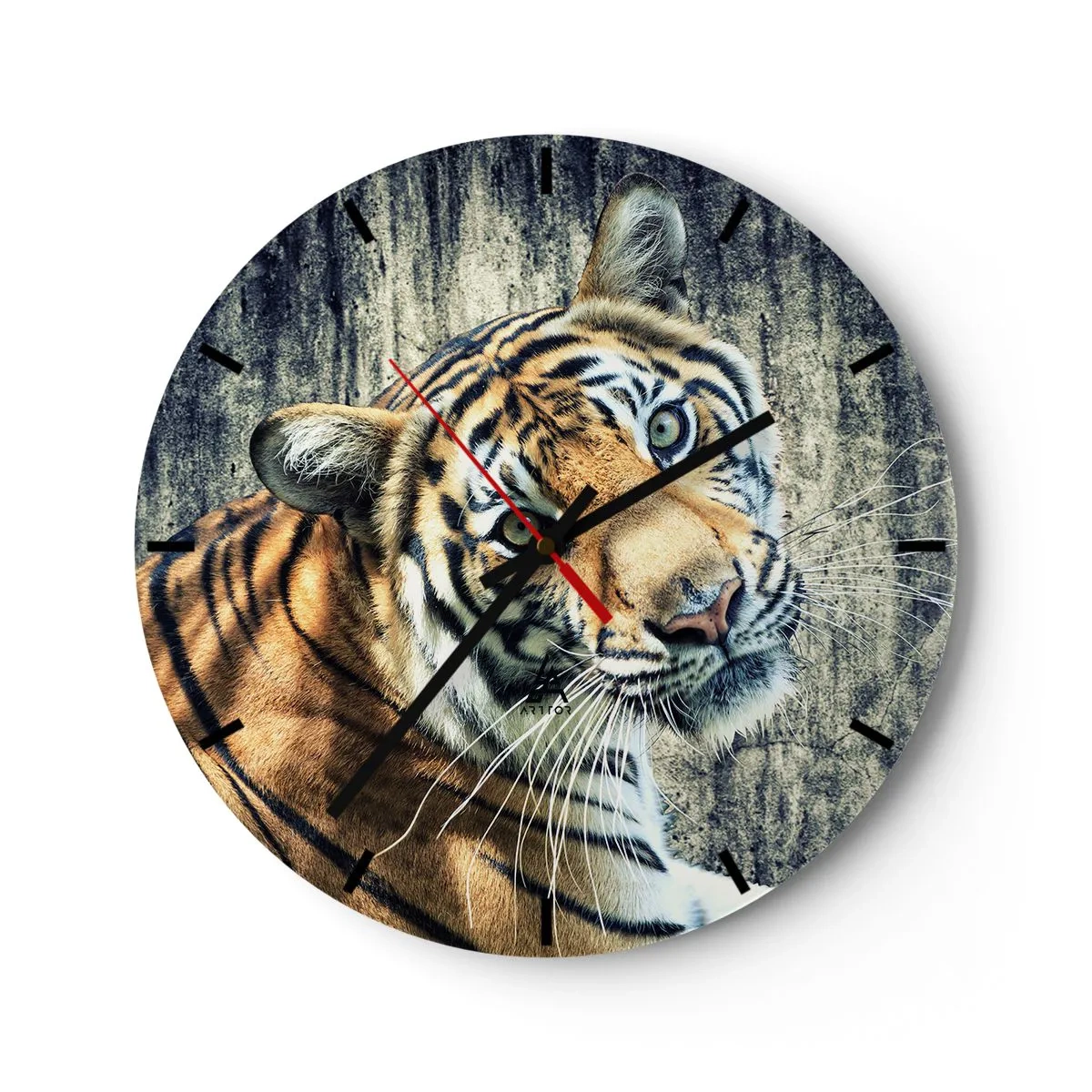 Ceas de perete - Ceas pe sticlă - Portretul unui tigru pe un zid de piatră - 30x30cm - Portret în fluxuri de lumină - Decorațiune modernă pentru perete pentru living, bucătărie și dormitor ARTTOR