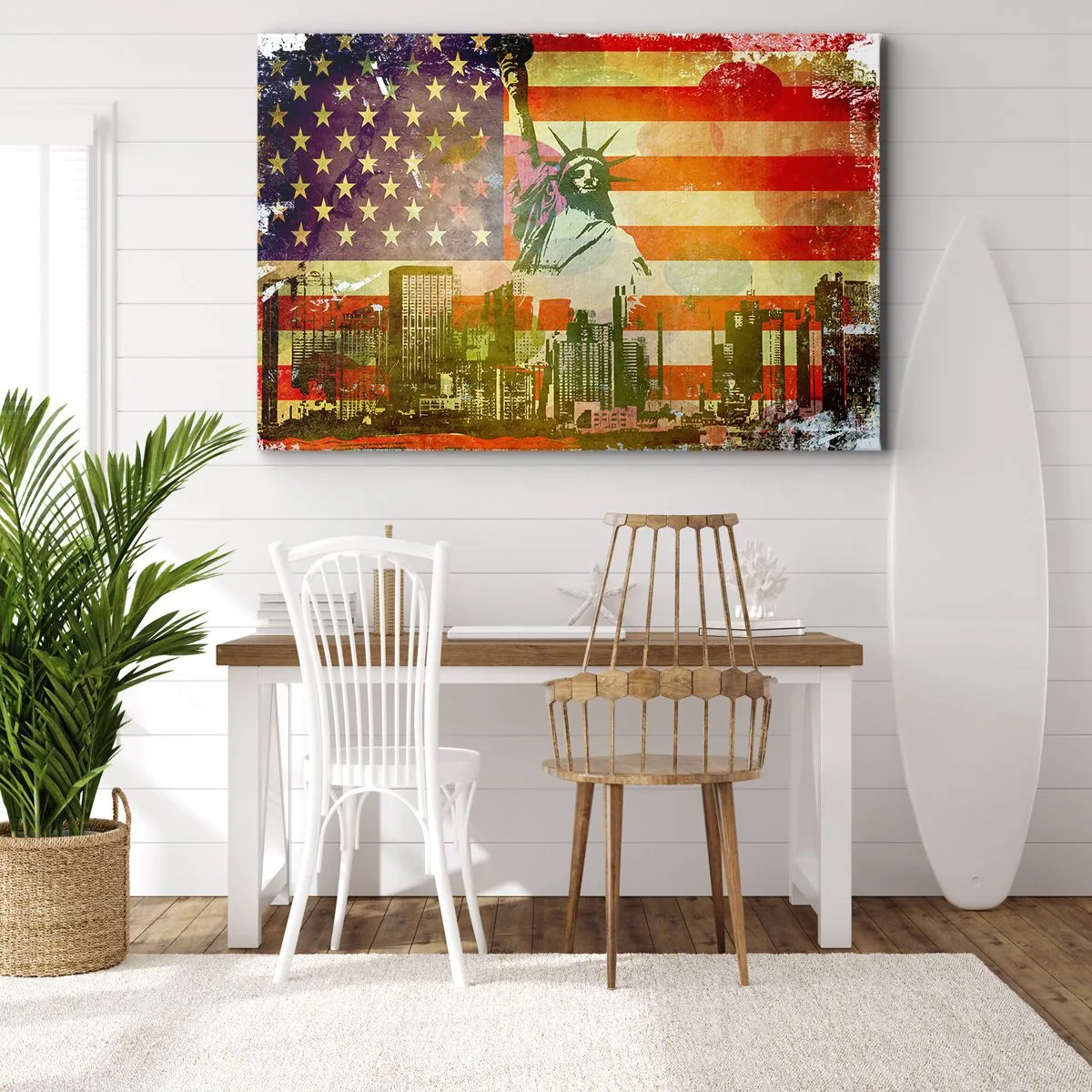 Tablou pe pânză Canvas - Statuia Libertății pe fundalul steagului american și al orizontului orașului - 70x50cm - Viva America! - Decorațiune modernă pentru perete pentru living și dormitor ARTTOR