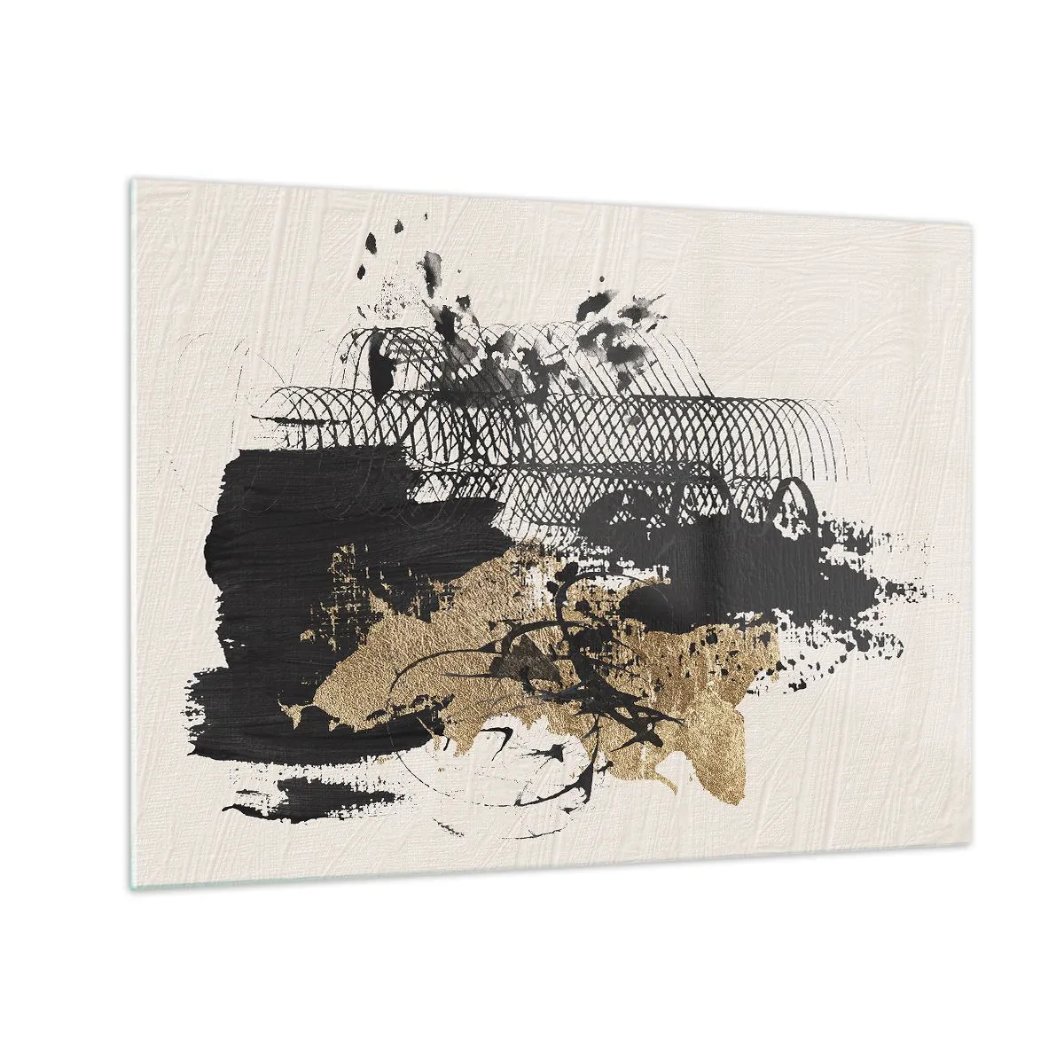 Tablou pe sticlă - Compoziție abstractă în negru și auriu pe un fundal deschis - 70x50cm - Compoziție cu pasiune - Decorațiune modernă pentru perete pentru living și dormitor ARTTOR