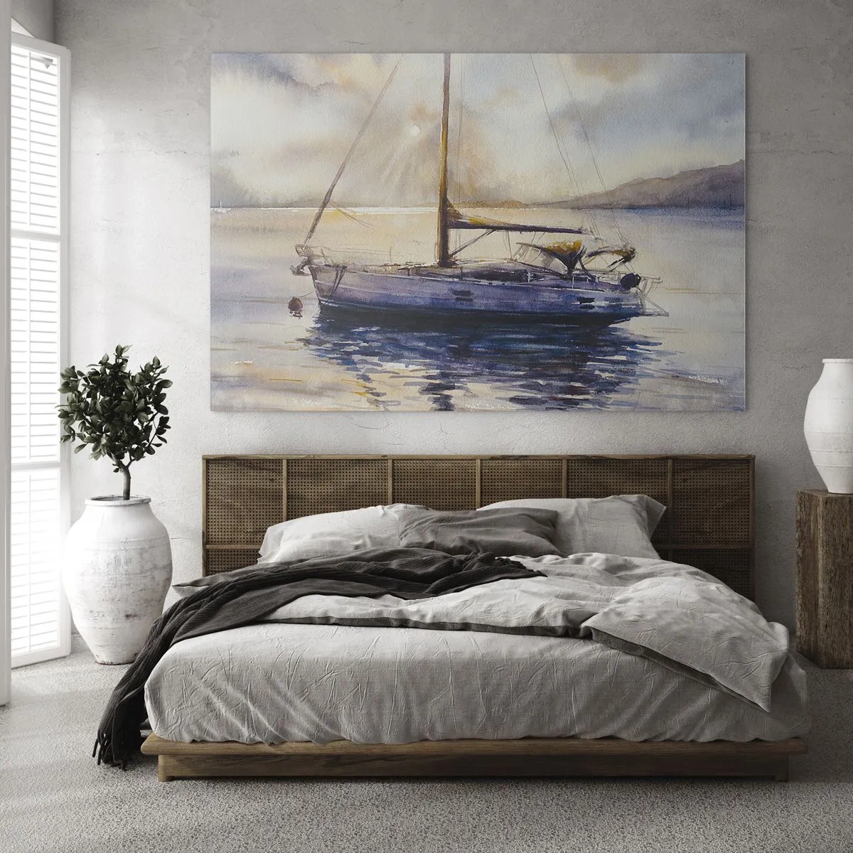 Tablou pe sticlă - Un iaht ancorat într-un golf liniștit la amurg - 70x50cm - O seară în golf - Decorațiune modernă pentru perete pentru living și dormitor ARTTOR