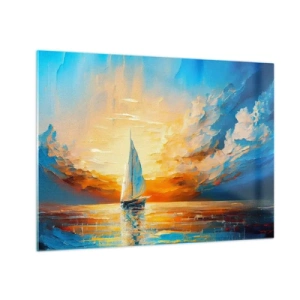 Tablou pe sticlă - O barcă cu pânze pe mare în lumina soarelui care apune - 70x50cm - Navigare prin aur - Decorațiune modernă pentru perete pentru living și dormitor ARTTOR