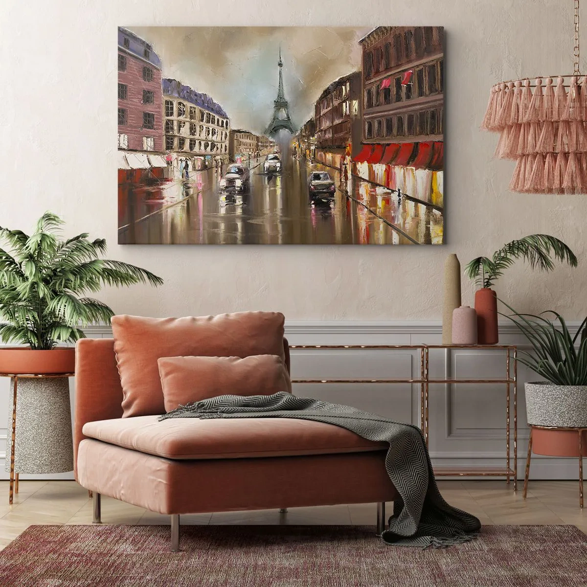 Tablou pe pânză Canvas - Peisaj stradal de seară al Parisului cu vedere la Turnul Eiffel - 70x50cm - Singurul lucru care contează este ea - Decorațiune modernă pentru perete pentru living și dormitor ARTTOR
