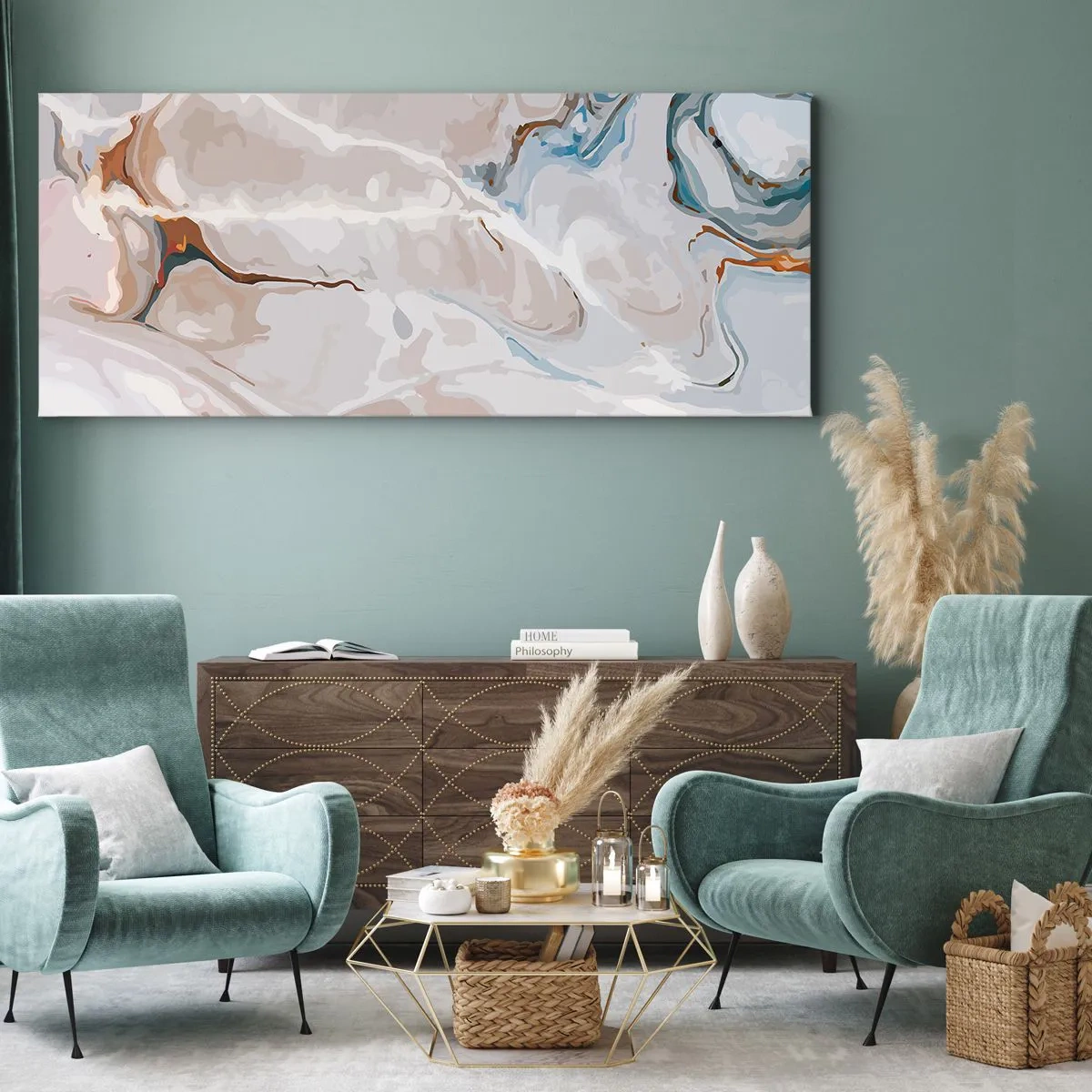 Tablou pe pânză - Meandre albastre sub alb - 100x40 cm