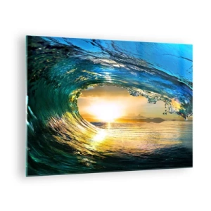 Tablou pe sticlă - Un val oceanic surprins în lumina soarelui care apune - 70x50cm - În cristal de aur și smarald - Decorațiune modernă pentru perete pentru living și dormitor ARTTOR