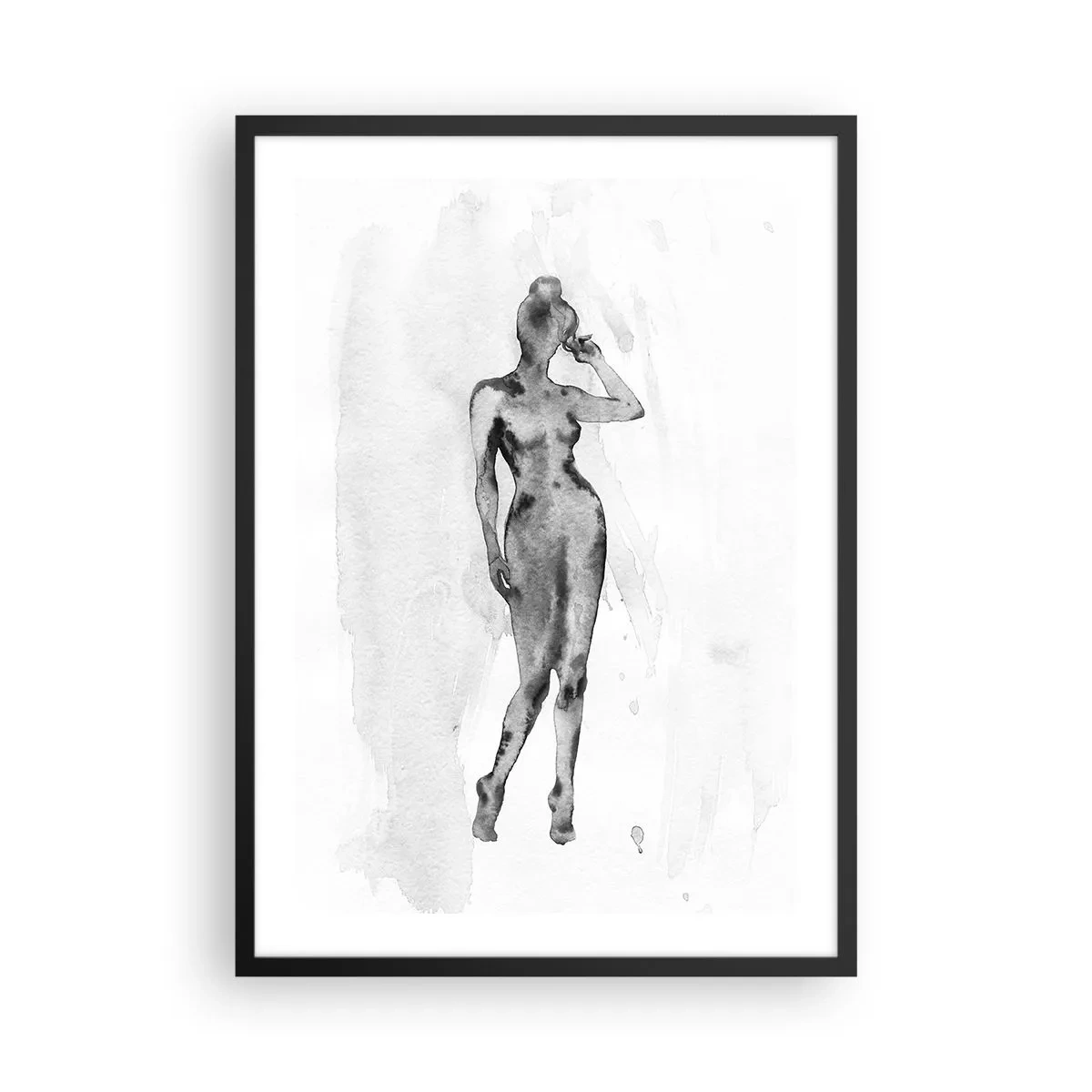 Poster în ramă neagră - Silueta unei femei în tehnica acuarelei alb-negru - 50x70cm - Un studiu al idealului de feminitate - Decorațiune modernă pentru perete pentru living și dormitor ARTTOR