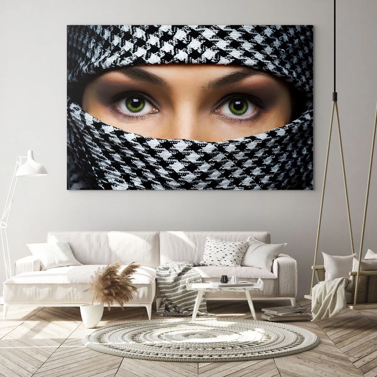 Tablou pe sticlă - Ochi verzi înconjurați de un model alb-negru - 70x50cm - Un portret al unei frumuseți cu ochii verzi - Decorațiune modernă pentru perete pentru living și dormitor ARTTOR