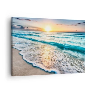 Tablou pe pânză Canvas - Răsărit de soare peste o plajă liniștită cu valuri - 70x50cm - Priveliștea cu apus de soare - Decorațiune modernă pentru perete pentru living și dormitor ARTTOR