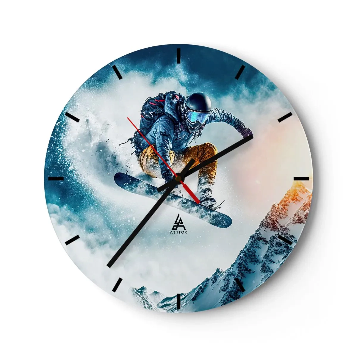 Ceas de perete - Ceas pe sticlă - Un snowboarder în zbor pe fundalul munților și al unei viscoluri - 30x30cm - Emoții extreme - Decorațiune modernă pentru perete pentru living, bucătărie și dormitor ARTTOR