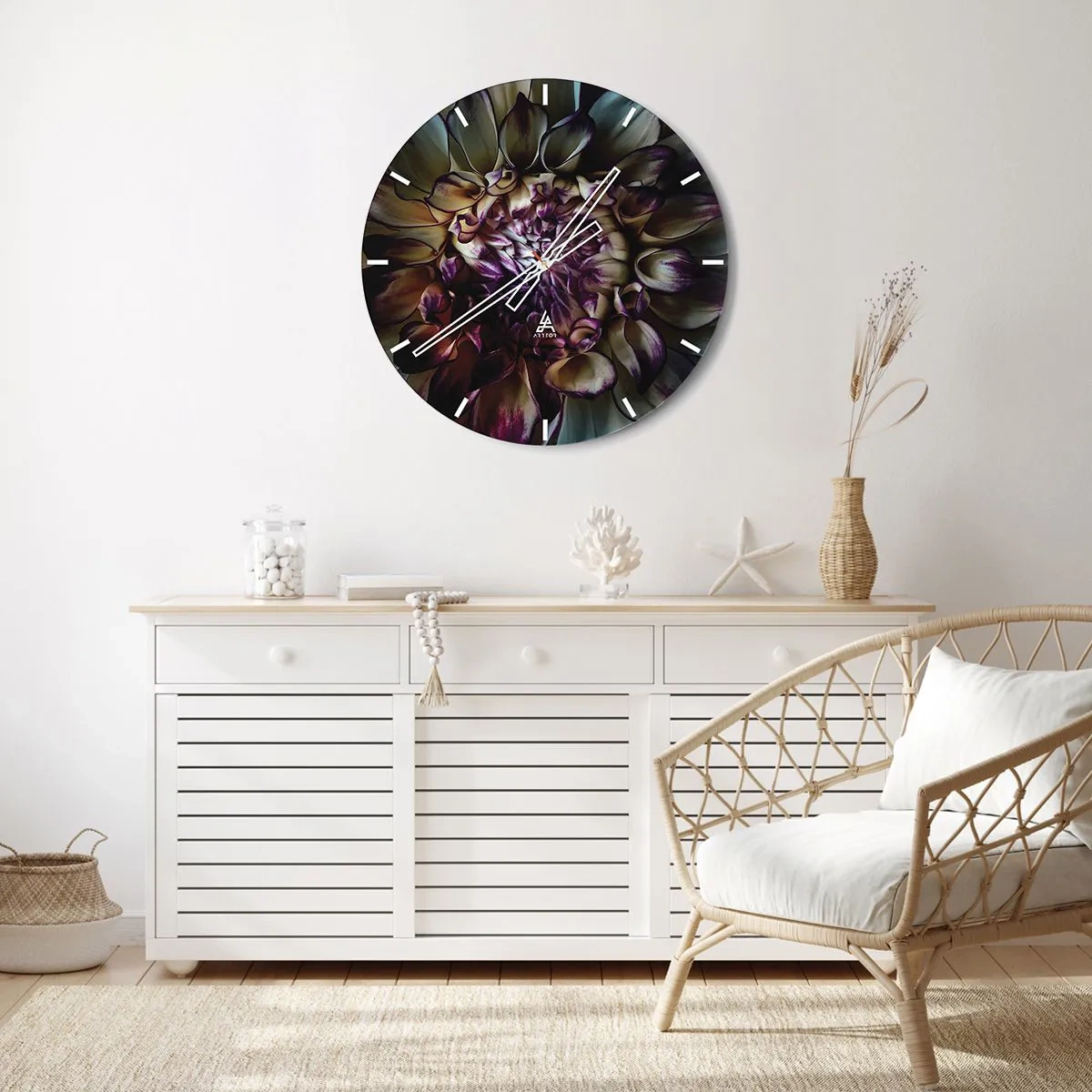 Ceas de perete - Ceas pe sticlă - Prim-plan al petalelor de flori în nuanțe închise - 30x30cm - Înflorirea tinereții - Decorațiune modernă pentru perete pentru living, bucătărie și dormitor ARTTOR