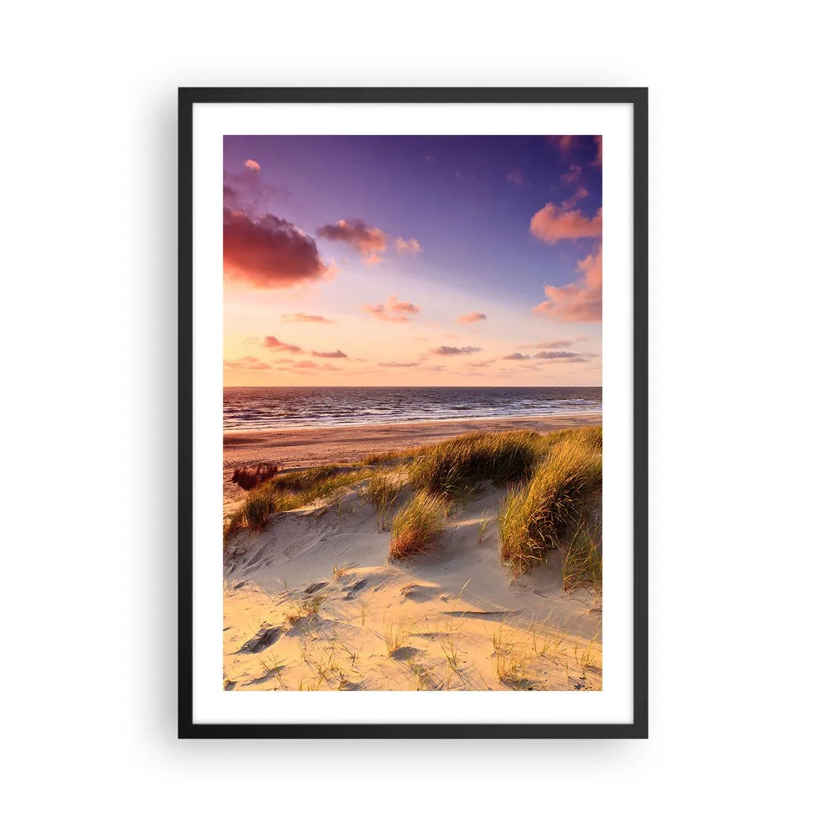 Poster în ramă neagră - Plajă cu dune și apus de soare - 50x70cm - Deja aerul de vară miroase - Decorațiune modernă pentru perete pentru living și dormitor ARTTOR
