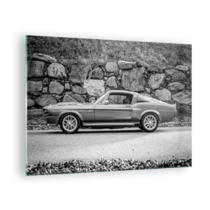 Tablou pe sticlă - O mașină clasică lipită de un zid de piatră - 70x50cm - Legenda anilor '60. - Decorațiune modernă pentru perete pentru living și dormitor ARTTOR