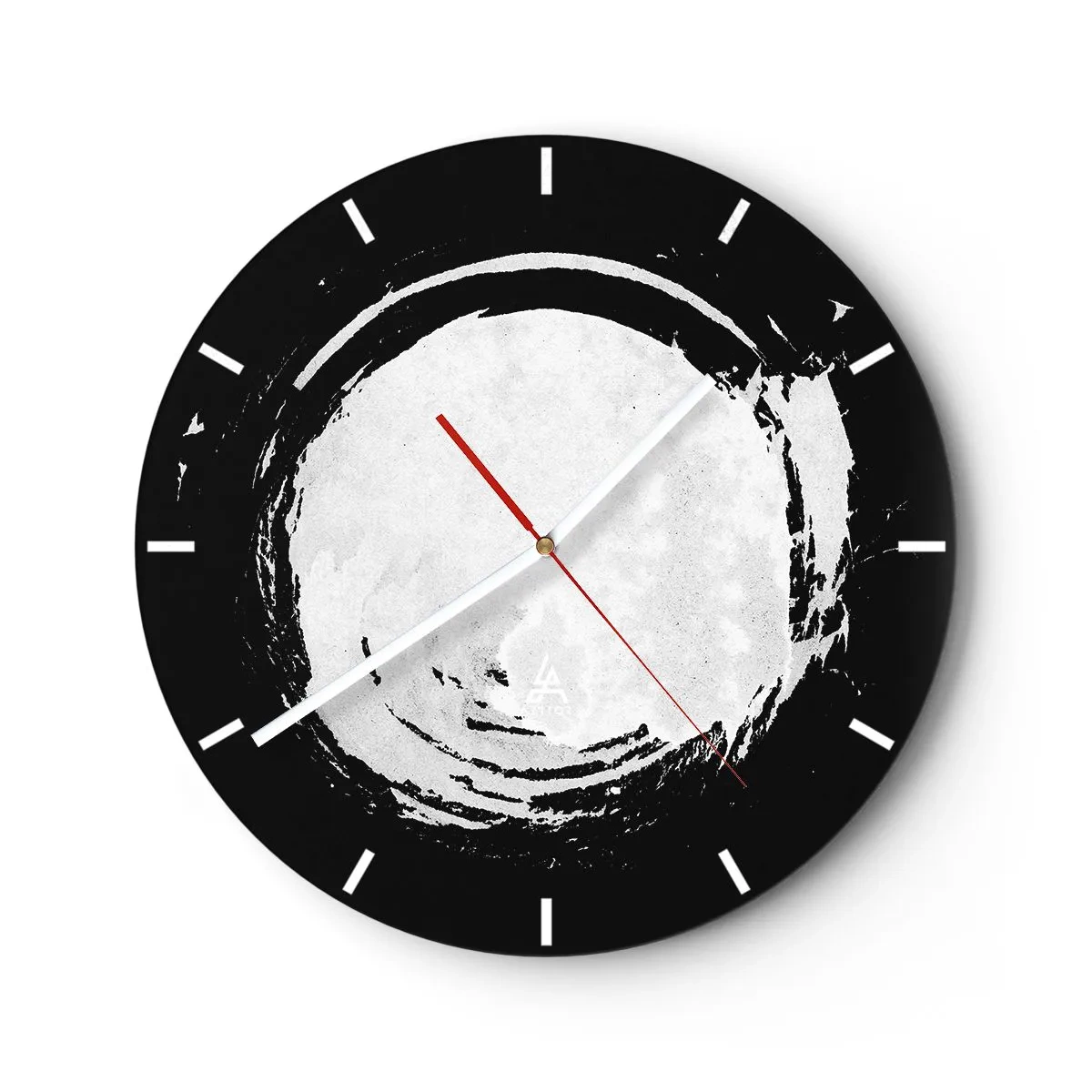 Ceas de perete - Ceas pe sticlă - Cerc alb cu pensulă pe fundal negru în stil zen - 30x30cm - O ieșire bună - Decorațiune modernă pentru perete pentru living, bucătărie și dormitor ARTTOR