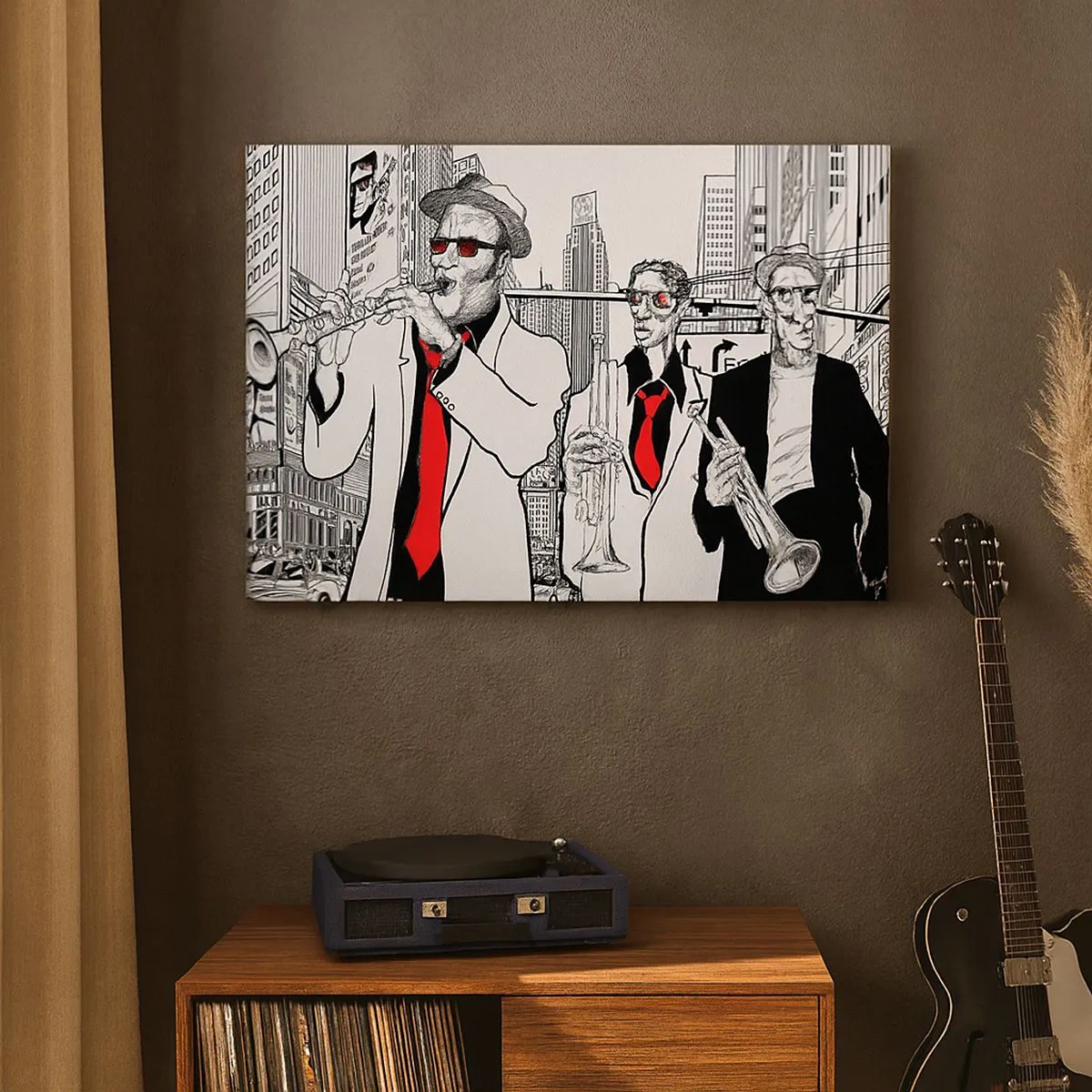 Tablou pe pânză Canvas - Ilustrație a muzicienilor de jazz pe fundal urban - 70x50cm - Rapsodie urbană în negru și roșu - Decorațiune modernă pentru perete pentru living și dormitor ARTTOR