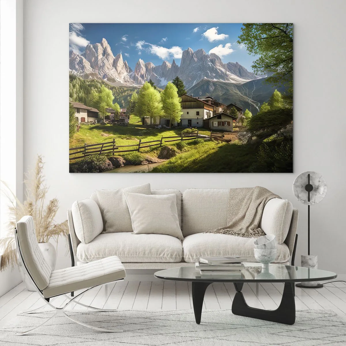 Tablou pe sticlă - Dezvoltare rurală în mijlocul verdeaței la poalele vârfurilor alpine - 70x50cm - Idilă alpină - Decorațiune modernă pentru perete pentru living și dormitor ARTTOR