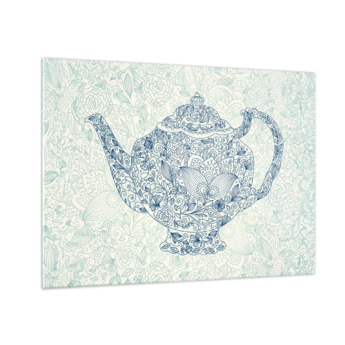 Tablou pe sticlă - Ceainic floral în stil vintage - 70x50cm - Farmecul ceaiului - Decorațiune modernă pentru perete pentru living și dormitor ARTTOR