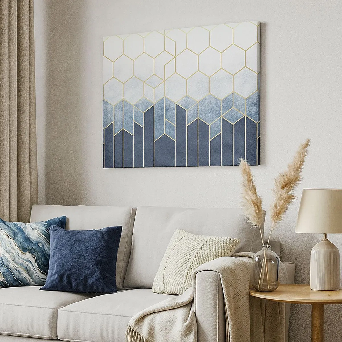 Tablou pe pânză Canvas - Model geometric în nuanțe de auriu și albastru marin - 70x50cm - Compoziție în ritm sincopat - Decorațiune modernă pentru perete pentru living și dormitor ARTTOR