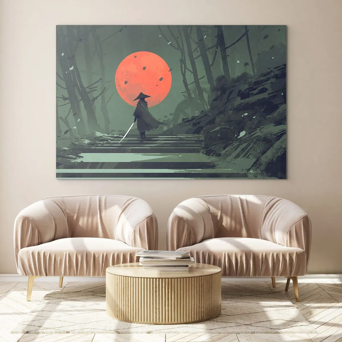 Tablou pe sticlă - Un războinic singuratic cu o sabie în pădure, pe fundalul unei luni roșii. - 70x50cm - Războinicul lunii roșii - Decorațiune modernă pentru perete pentru living și dormitor ARTTOR