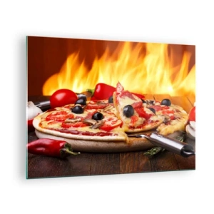 Tablou pe sticlă - Pizza cu măsline pe fundalul flăcărilor de foc - 70x50cm - From Italy with love - Decorațiune modernă pentru perete pentru living și dormitor ARTTOR