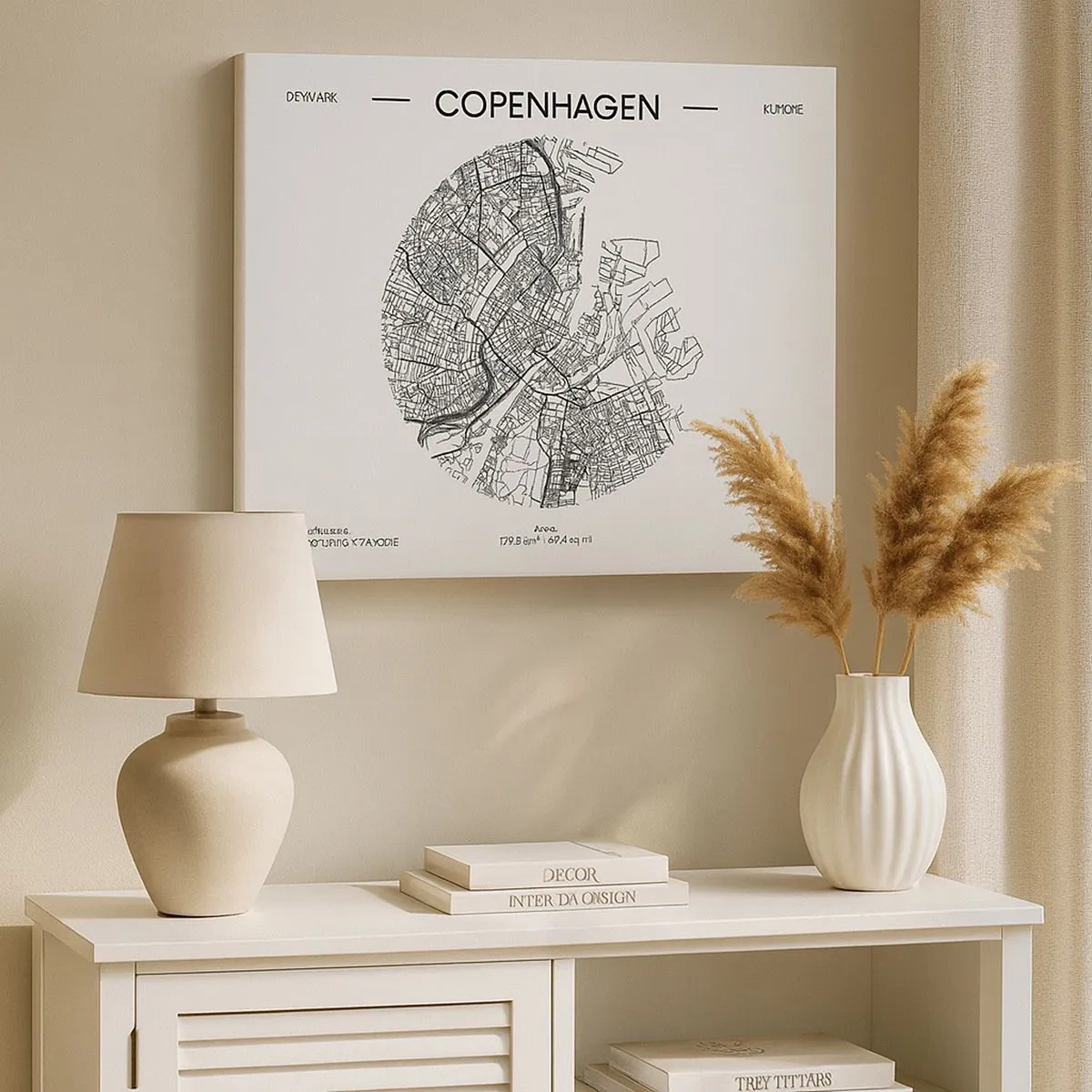 Tablou pe pânză Canvas - O hartă a Copenhagei într-un stil minimalist alb-negru. - 70x50cm - Anatomia Copenhagăi - Decorațiune modernă pentru perete pentru living și dormitor ARTTOR