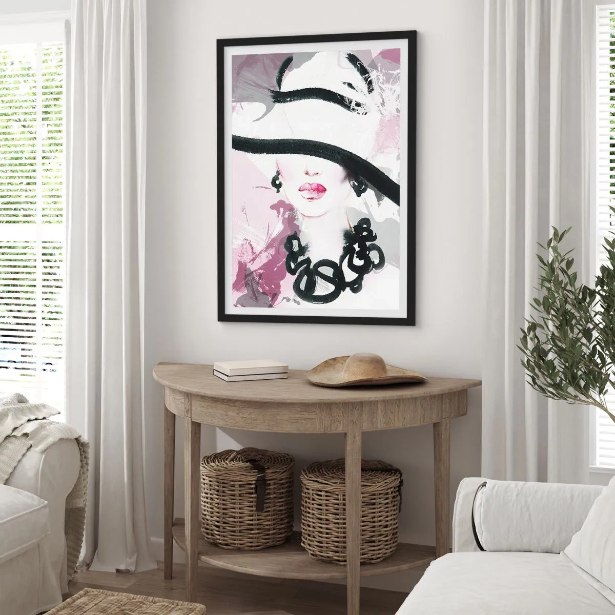 Poster în ramă neagră - Studiu unei dame în negru și roz - 61x91 cm