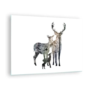Tablou pe sticlă - Siluete de cerbi cu motiv forestier în stil minimalist - 70x50cm - Fotografie de familie - Decorațiune modernă pentru perete pentru living și dormitor ARTTOR