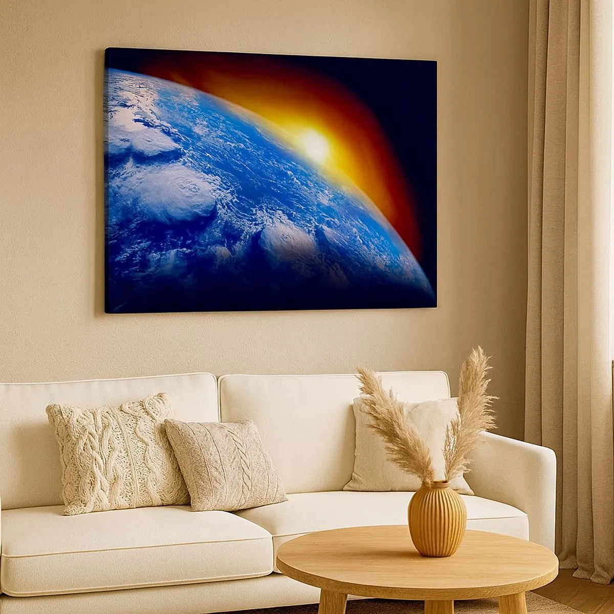 Tablou pe pânză Canvas - Vedere a Pământului din spațiu la apus - 70x50cm - Răsărit de soare deasupra planetei albastre - Decorațiune modernă pentru perete pentru living și dormitor ARTTOR