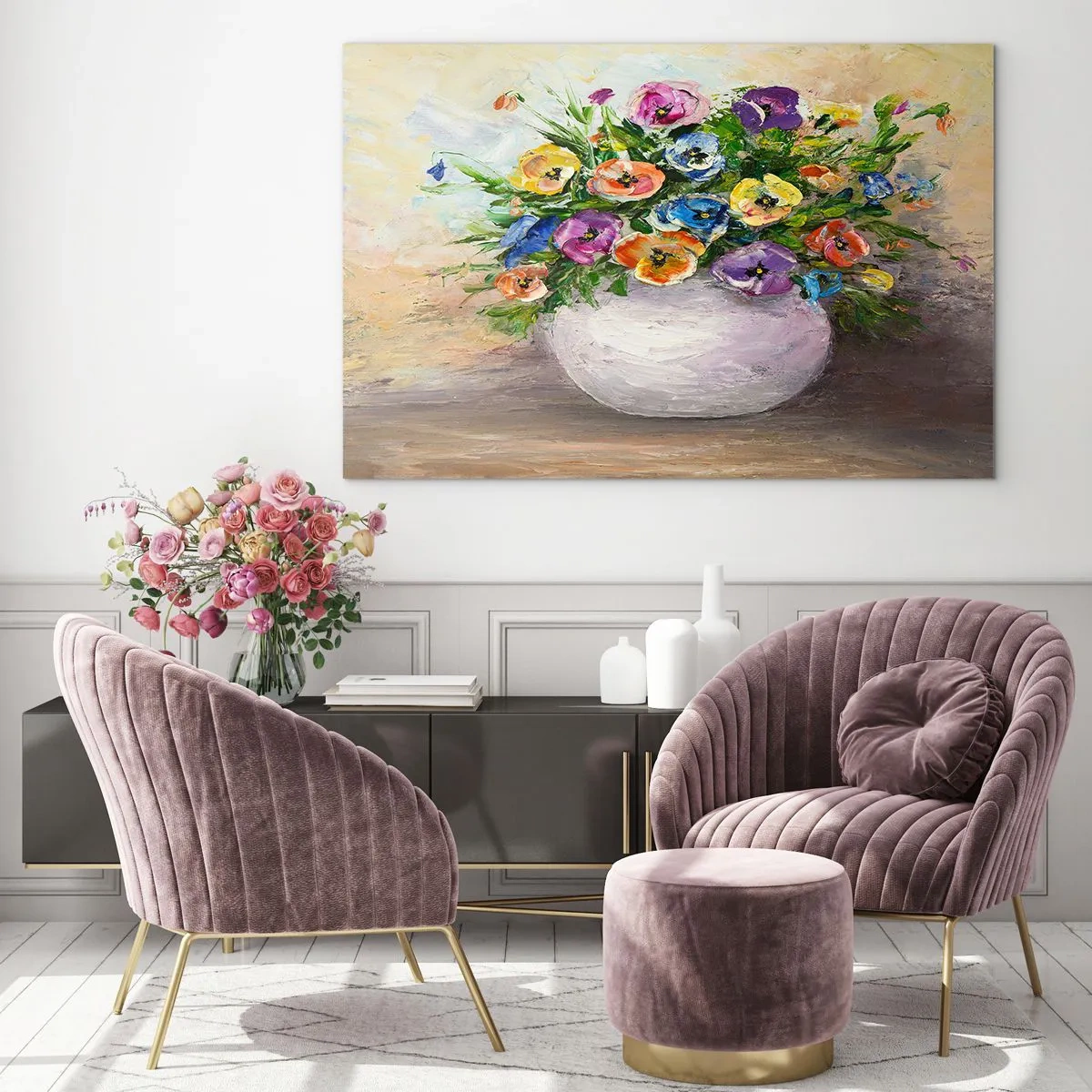 Tablou pe sticlă - Natură moartă cu vază albă - 120x80 cm