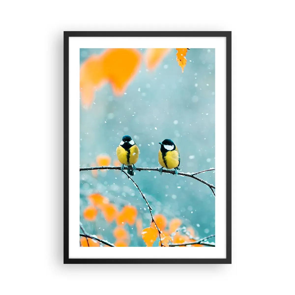 Poster în ramă neagră - Două țâțe stând pe o creangă într-un peisaj de iarnă - 50x70cm - Bârfele păsărilor - Decorațiune modernă pentru perete pentru living și dormitor ARTTOR