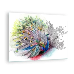 Tablou pe sticlă - Păun colorat într-un stil artistic de acuarelă - 70x50cm - Cu mândrie împotriva griului  - Decorațiune modernă pentru perete pentru living și dormitor ARTTOR