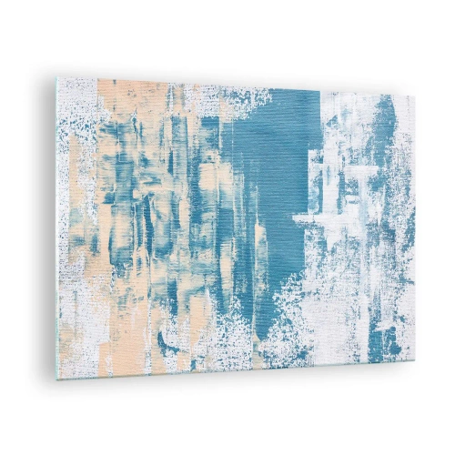 Tablou pe sticlă - Abstracție în albastru și bej cu textură de pensulă - 70x50cm - Prin ţurţur de gheață - Decorațiune modernă pentru perete pentru living și dormitor ARTTOR