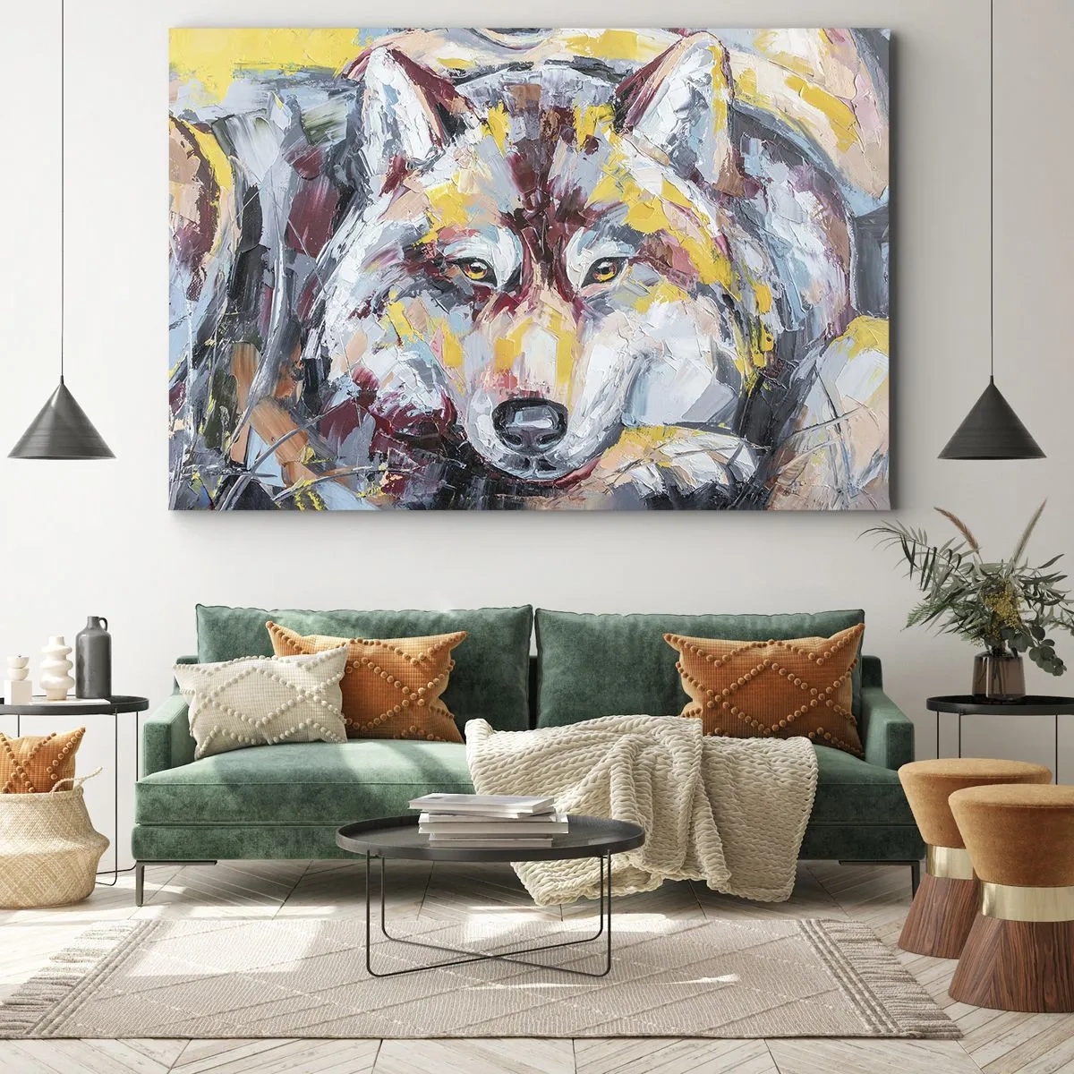 Tablou pe pânză Canvas - Portret artistic al unui lup în culori intense - 70x50cm - Pace pentru cel drag - Decorațiune modernă pentru perete pentru living și dormitor ARTTOR