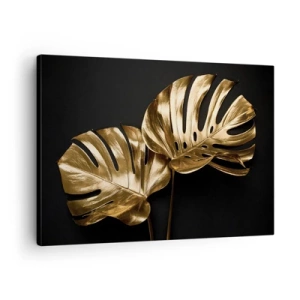 Tablou pe pânză Canvas - Frunze de monsteră aurii pe fundal negru - 70x50cm - Comorile naturii - Decorațiune modernă pentru perete pentru living și dormitor ARTTOR