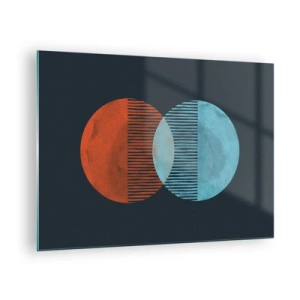 Tablou pe sticlă - Două planete colorate care se intersectează cu un model geometric - 70x50cm - Fantezie astronomică - Decorațiune modernă pentru perete pentru living și dormitor ARTTOR