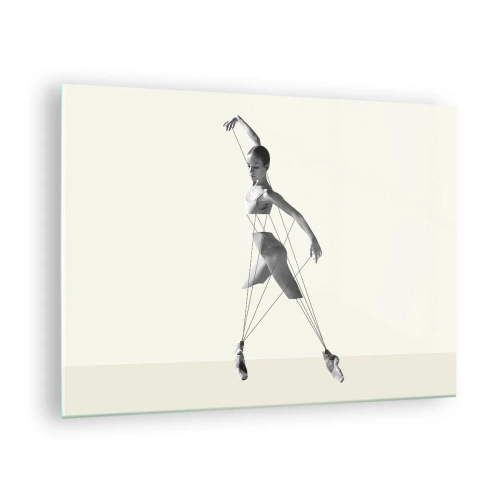 Tablou pe sticlă - Siluetă alb-negru a unei balerine cu motiv geometric - 70x50cm - Într-un teatru de lumină - Decorațiune modernă pentru perete pentru living și dormitor ARTTOR