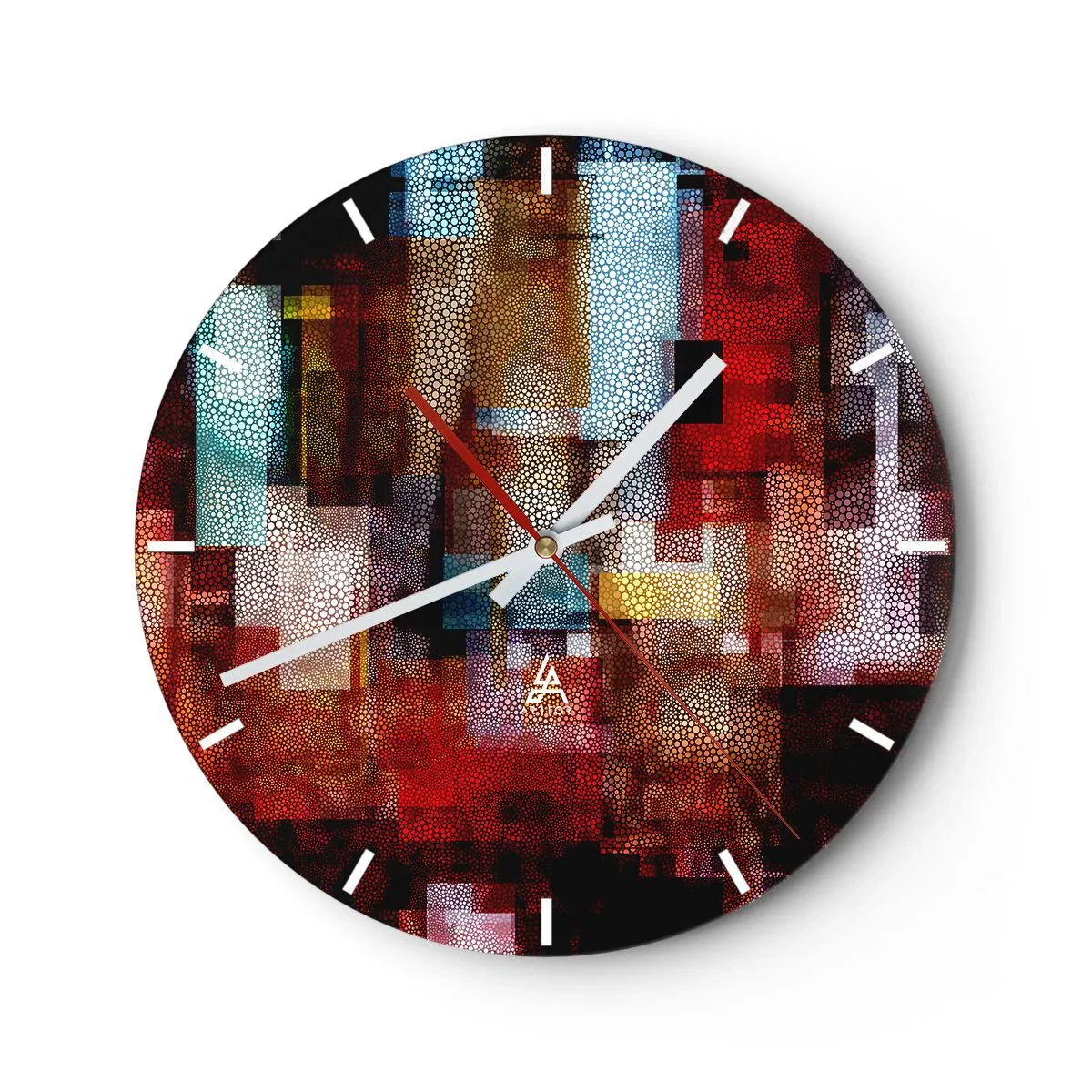 Ceas de perete - Ceas pe sticlă - Compoziții abstracte în nuanțe de roșu și auriu cu un model geometric - 30x30cm - Totul și nimic - Decorațiune modernă pentru perete pentru living, bucătărie și dormitor ARTTOR