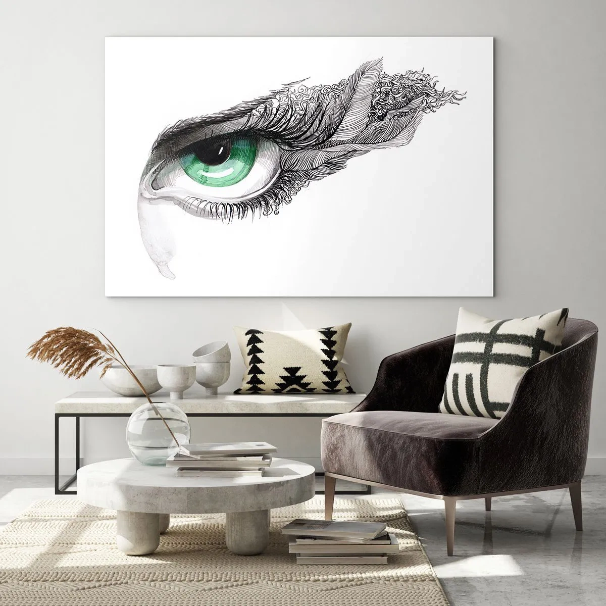 Tablou pe sticlă - Ochi verde cu detalii de pene și modele abstracte - 70x50cm - Frumoasă și gata de atac - Decorațiune modernă pentru perete pentru living și dormitor ARTTOR